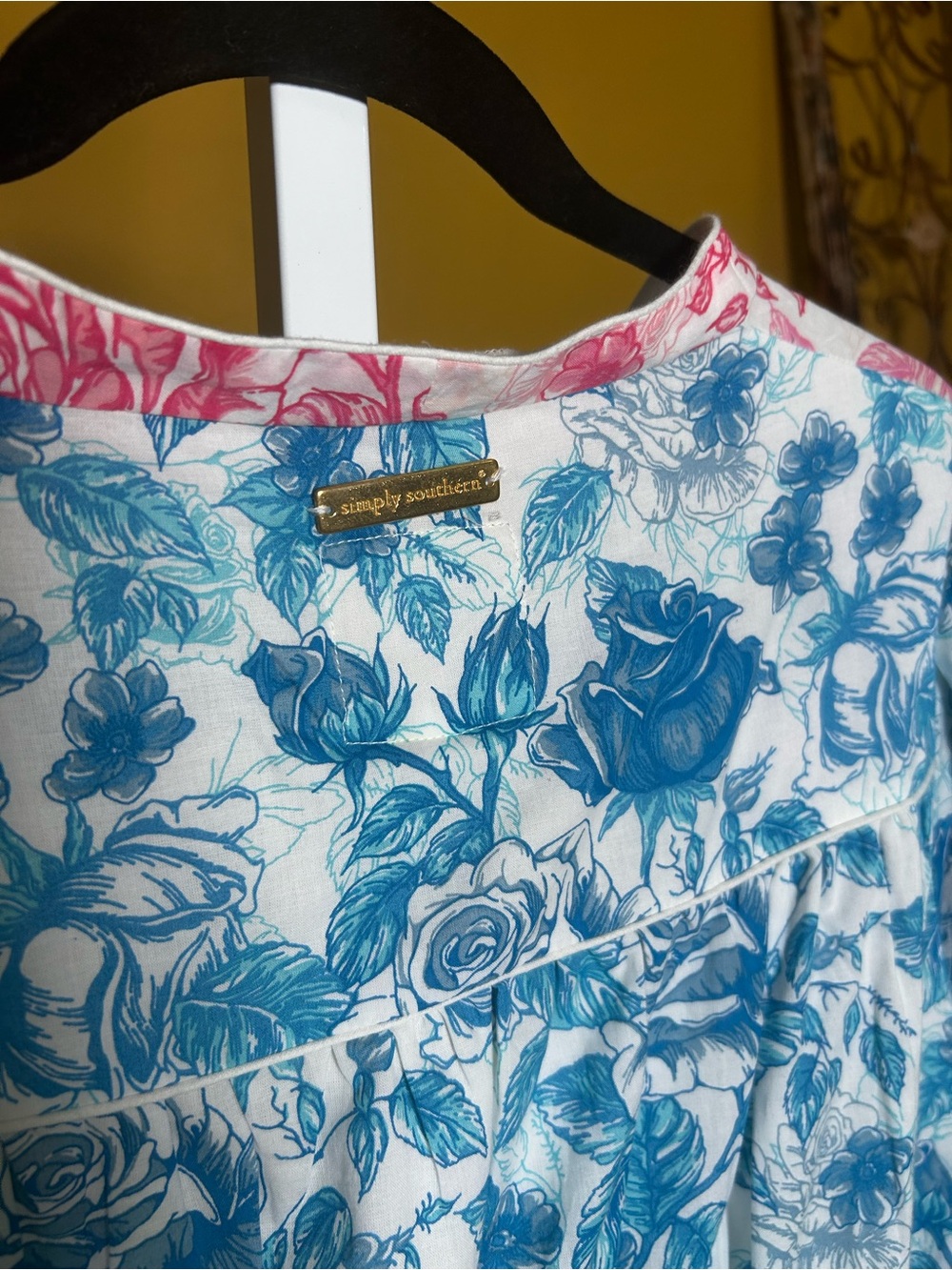 Simply Southern Blue Pink Floral Toile Ruffle Dress S Coastal old money #629 - Picture 5 of 12